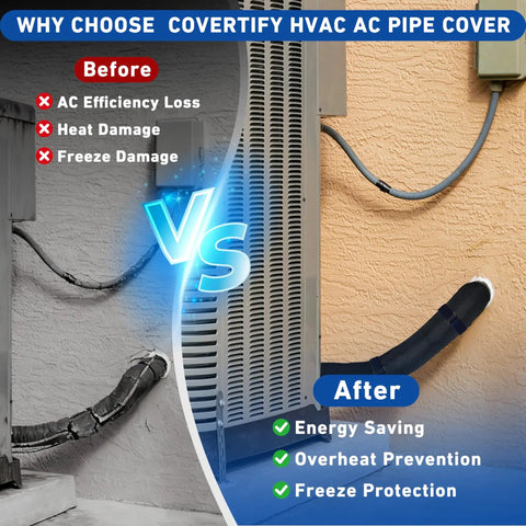 Before and after comparison of HVAC pipes with Five Layer Workhorse HVAC Copper Line Pipe Insulation Cover for all-season protection.