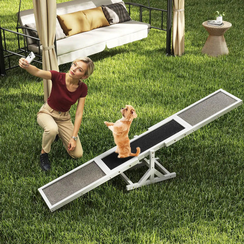 Wooden Dog Agility Seesaw For Backyard Play And Training with woman and dog interacting, weatherproof, stable base in garden