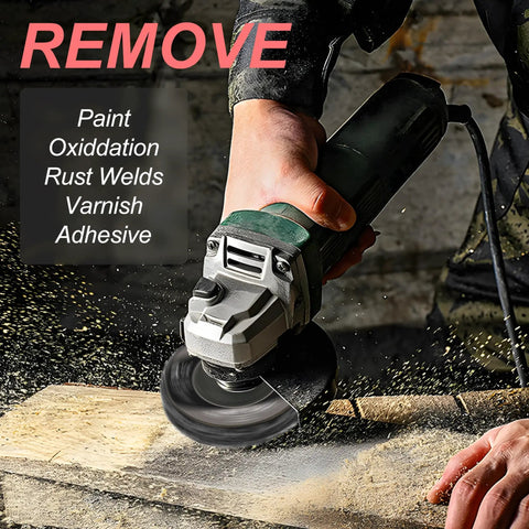 Person using angle grinder with 12 Pack 4 Inch Grinding Discs With Five Eighth Inch Bore For Angle Grinders Black Rust Busting Paint Stripping Wheels