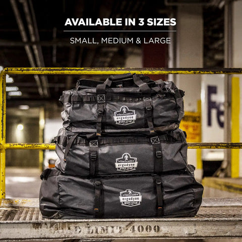 Stack of three black Beefy Medium Tarpaulin Water Resistant Duffel Bag With Removable Shoulder Straps 5030M in different sizes