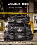 Stack of three Arsenal 5030L Large Tarpaulin Water Resistant Duffel Bags in small, medium, and large sizes, black color.