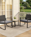 Three Piece Patio Furniture Set With Rocking Bistro Style Chill Outdoor Rattan Conversation Set With Coffee Table For Garden Balcony Backyard Poolside Grey Cushions on a patio