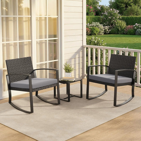 Three Piece Patio Furniture Set With Rocking Bistro Style Chill Outdoor Rattan Conversation Set With Coffee Table For Garden Balcony Backyard Poolside Grey Cushions on a patio