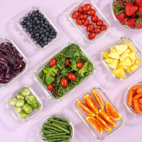 24Pc Borosilicate Glass Storage Containers With Lids For Meal Prep And Lunch, displaying fruits and vegetables in organized layout