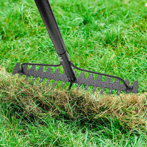 Extra Wide 17 Inch Double Sided Garden Rake in use on grass, showing heavy duty lightweight stainless steel construction
