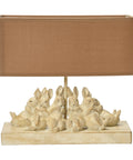 Whitewashed Rabbit Table Lamp With Sand Colored Linen Shade Cute Bunny Night Light For Farmhouse Nursery And Woodland Decor Cozy Bedroom Accent With Six Sleeping Baby Bunnies At The Base