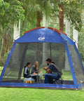 10 By 10 Feet Screen House For Patios And Backyard Hangouts, 86 Inch Center Height, UV Resistant 190T Polyester, Mesh Wall Canopy Tent With Carry Bag, Ground Stakes And Tie Downs Included showing people inside during a picnic