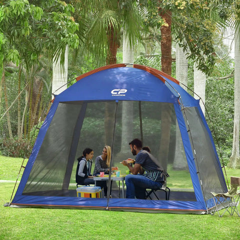 10 By 10 Feet Screen House For Patios And Backyard Hangouts, 86 Inch Center Height, UV Resistant 190T Polyester, Mesh Wall Canopy Tent With Carry Bag, Ground Stakes And Tie Downs Included showing people inside during a picnic