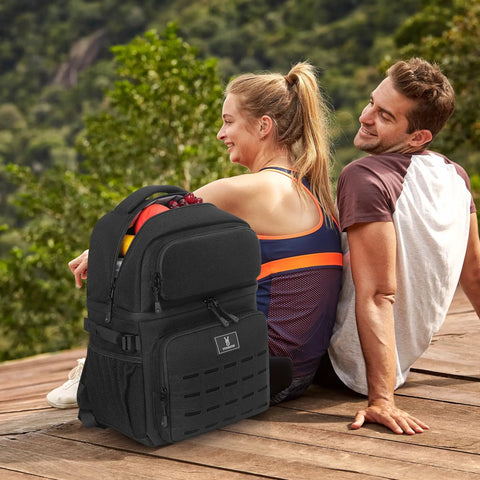 Heavy Duty Insulated Double Deck Cooler Backpack With 36 Can Capacity, Leakproof Liner, next to couple outdoors