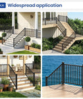 Hella Secure Aluminum Stair Railing Kit 2 Pack Includes Four Thirty Nine Inch Posts measuring Thirty Six Inches High By Four Feet Wide with Heavy Duty Adjustable Brackets for Fast Deck and Concrete Setups displayed on multiple outdoor stairs and patios.
