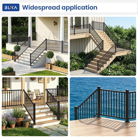 Hella Secure Aluminum Stair Railing Kit 2 Pack Includes Four Thirty Nine Inch Posts measuring Thirty Six Inches High By Four Feet Wide with Heavy Duty Adjustable Brackets for Fast Deck and Concrete Setups displayed on multiple outdoor stairs and patios.