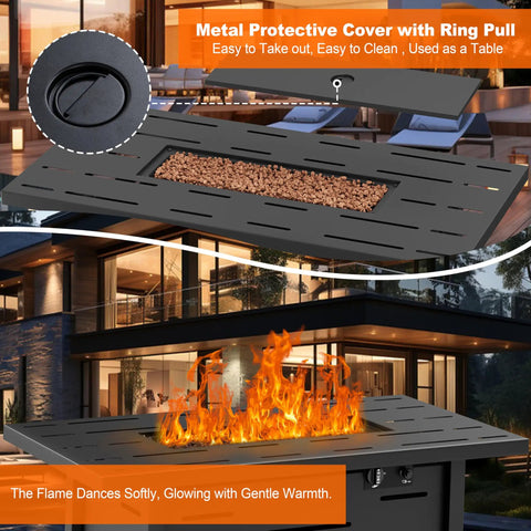 43 Inch Outdoor Propane Fire Pit Table With 50,000 BTU, lid and flame visible on patio, CSA Certified, Durable Black Finish.
