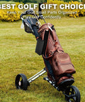 Golf cart with brown leather bag holding must have all in one golf accessories set with leather case for men and women.