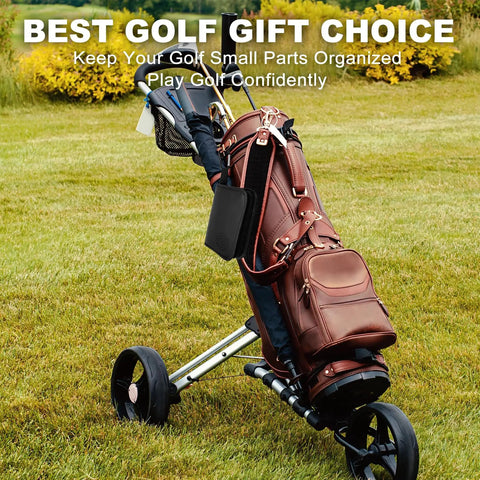 Golf cart with brown leather bag holding must have all in one golf accessories set with leather case for men and women.