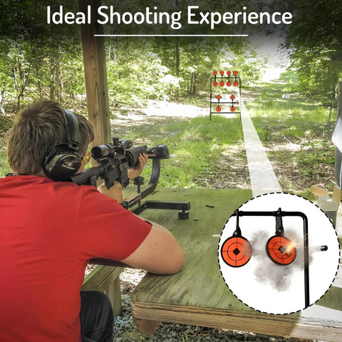 Shooter aiming at self resetting air rifle target with heavy duty metal frame for airsoft rimfire BB gun practice outdoors