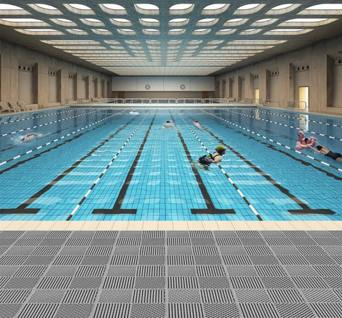 Interlocking Drainage Floor Tiles No Slip With Drain Holes For Pool Bathroom Shower Patio Boat And Pet Areas 12 Inch By 12 Inch By 0.4 Inch Thick Gray Durable Rubber Indoors Outdoors Easy Install surrounding pool area.