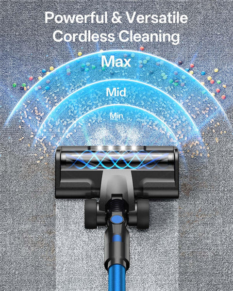 8 In 1 Cordless Stick Vacuum With 3 Suction Modes, Up To 45 Minutes Runtime cleaning carpet with power levels shown