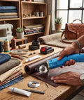 Heavy Duty Electric Scissors And Fabric Cutter Shears For Leather And Cloth With 4500 RPM Power on workspace cutting leather.