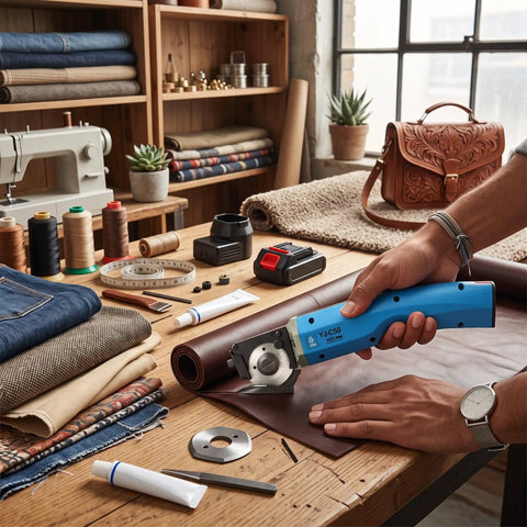 Heavy Duty Electric Scissors And Fabric Cutter Shears For Leather And Cloth With 4500 RPM Power on workspace cutting leather.