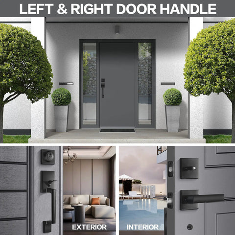 Matte Black Front Door Handle Set With Single Cylinder Deadbolt And Exterior Lever Lock For Home Or Office Modern Zinc Alloy Build Adjustable Latch For 1 3 8 To 1 3 4 Inch Doors Easy Install shown on exterior and interior doors.