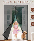 Magnetic Screen Door For 74x80 Inch Doors, 76x81 Inch High Density Fiberglass Mesh, Ultra Strong Magnets With Windproof Hasp, Easy Install And Quick Removal, Fits French Front Or Back Sliding Doors, Black, shown installed in a home.