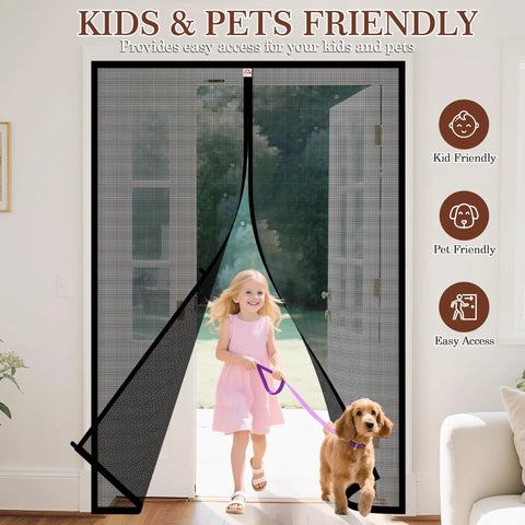 Magnetic Screen Door For 74x80 Inch Doors, 76x81 Inch High Density Fiberglass Mesh, Ultra Strong Magnets With Windproof Hasp, Easy Install And Quick Removal, Fits French Front Or Back Sliding Doors, Black, shown installed in a home.