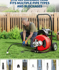 Heavy Duty 370W Drain Auger Featuring 100 Ft Bend Resistant Steel Core Cable With Foot Switch, used outdoors on various pipes.