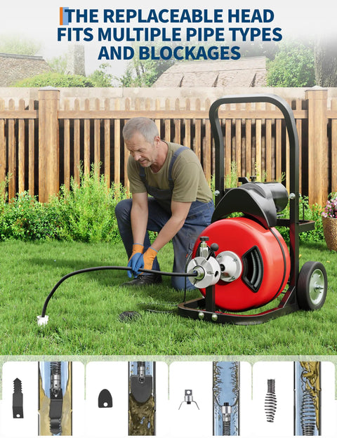 Heavy Duty 370W Drain Auger Featuring 100 Ft Bend Resistant Steel Core Cable With Foot Switch, used outdoors on various pipes.