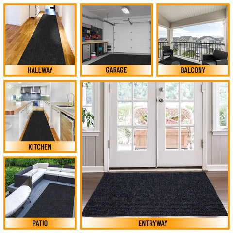 Non Slip Rug With Scrape Rib Pile For Indoor And Outdoor Use Durable Polyester That Traps Dirt Easy Clean Grippy Ultra Flat And Curl Resistant Black 2 Ft By 12 Ft in hallway, garage, balcony, kitchen, patio, and entryway.