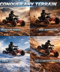 Beast 212cc 4 Stroke Off Road Go Kart with CVT Automatic Transmission conquering various terrains: mountain, mud, snow, hill climb.