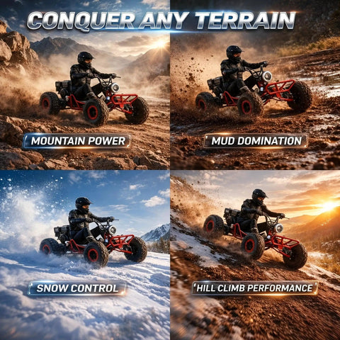 Beast 212cc 4 Stroke Off Road Go Kart with CVT Automatic Transmission conquering various terrains: mountain, mud, snow, hill climb.