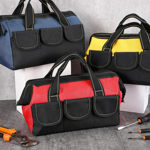3 Pack Heavy Duty Tool Bags With Waterproof Hard Bottom, Red 13 Inch Classic, shown with two other colors on display with tools