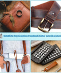 Leather Stamping Tools Kit With 2 Punch Tools 70 Piece Set Includes 68 Metal Letter And Number Stamps Plus Pattern Stamps For DIY Leather Crafting Handmade Accessories And Custom Leather Projects shown in use on belts and accessories.