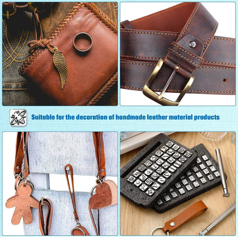 Leather Stamping Tools Kit With 2 Punch Tools 70 Piece Set Includes 68 Metal Letter And Number Stamps Plus Pattern Stamps For DIY Leather Crafting Handmade Accessories And Custom Leather Projects shown in use on belts and accessories.