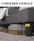 Modern Queen Bed Frame with Sturdy Button Tufted Wingback Headboard in Cool Dark Grey Upholstered Platform Setup showing 6.3 inch clearance for under bed storage.