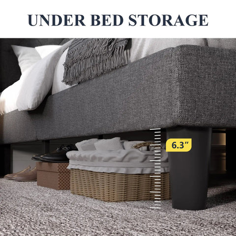 Modern Queen Bed Frame with Sturdy Button Tufted Wingback Headboard in Cool Dark Grey Upholstered Platform Setup showing 6.3 inch clearance for under bed storage.