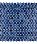Porcelain Penny Round Sapphire Tile For Floor And Wall, Slick Glossy Mosaic In Deep Blue, 11 7 Eighths By 12 5 Eighths Inches.
