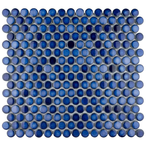 Porcelain Penny Round Sapphire Tile For Floor And Wall, Slick Glossy Mosaic In Deep Blue, 11 7 Eighths By 12 5 Eighths Inches.