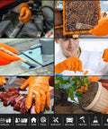 Multiple uses for Orange 8 Mil Heavy Duty Diamond Textured Nitrile Gloves; painting, food prep, gardening, mechanics, and beekeeping.