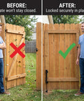 Tough As Nails Matte Plastic Pull Gate Latch For Wooden Fences And Metal Gates With No Sweat, showcasing before and after gate closure.