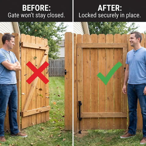 Tough As Nails Matte Plastic Pull Gate Latch For Wooden Fences And Metal Gates With No Sweat, showcasing before and after gate closure.