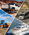 Collage of a truck in rugged terrain, RV on road, tractor in a field, and yacht in the ocean, showcasing various vehicles.