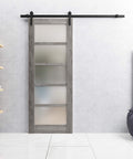 Quadro 4002 Sleek Interior Single Sliding Barn Door With Frosted Glass MDF Core 28x84 Inches installed in modern room.