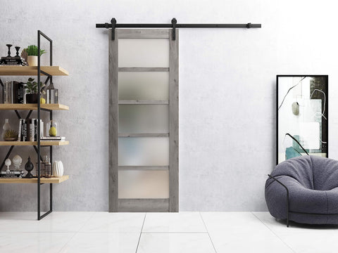 Quadro 4002 Sleek Interior Single Sliding Barn Door With Frosted Glass MDF Core 28x84 Inches installed in modern room.