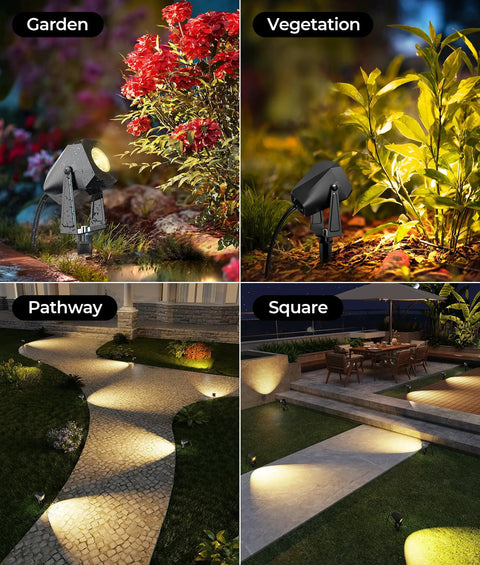 Outdoor Landscape Lighting 4 Pack Low Voltage LED Spotlight Kit 12V 2700K Warm White IP65 Waterproof illuminating garden and pathway