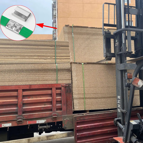 Pro Level Heavy Duty Poly Strapping Kit Boasts Sweat Saving Handled Spools Packed With Durable Twist Locks Plus Protective Edge Savers for securing pallets.