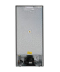Back view of Workhorse Stand Up Upright Freezer Five Cubic Feet With Reversible Door and Four Sturdy Steel Shelves in sleek black.