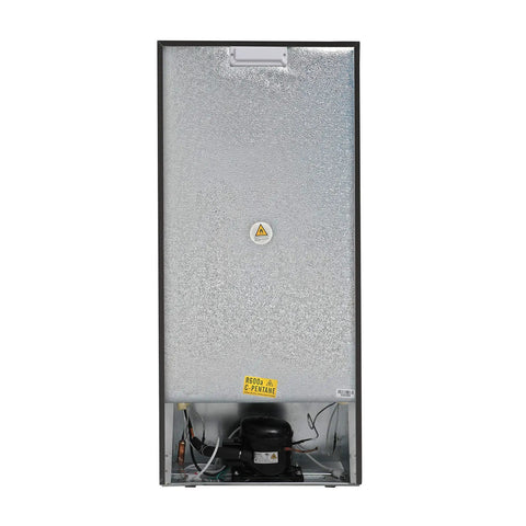 Back view of Workhorse Stand Up Upright Freezer Five Cubic Feet With Reversible Door and Four Sturdy Steel Shelves in sleek black.