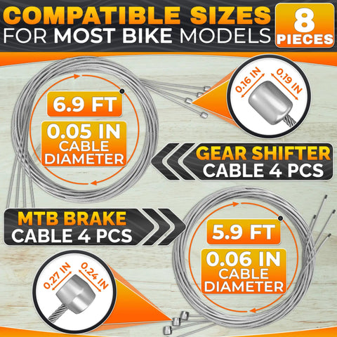 Eight Piece Bike Brake Cable Kit With Stainless Steel Wires Complete Inner Replacement Set Including 4 Brake Lines 1800mm And 4 Gear Wires 2100mm With Ferrules And End Caps Fits Road MTB And BMX, shown with cable dimensions and fittings on wooden surface
