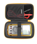 Durable Carrying Case For Fluke Digital Multimeters With DIY Foam Insert, Compact Yellow Zip; open case with multimeter.